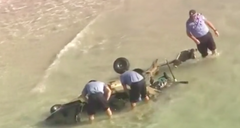 The wreckage of the gyrocopter has been pulled from the water at Forrest Beach, between Capel and Busselton in WA. Source: 7News