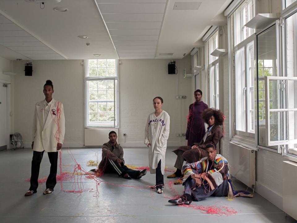 FROM LEFT: Dancer and choreographer MJ Harper; dancer Harry Alexander; Grace Wales Bonner; model Aurelie (standing); model and artist Kesewa Aboah; and model Romaine Dixon. Hair, Mustafa Yanaz; makeup, Siobhan Furlong. Clothes by Wales Bonner. Shoes by Manolo Blahnik x Wales Bonner. Fashion Editor: Alex Harrington.