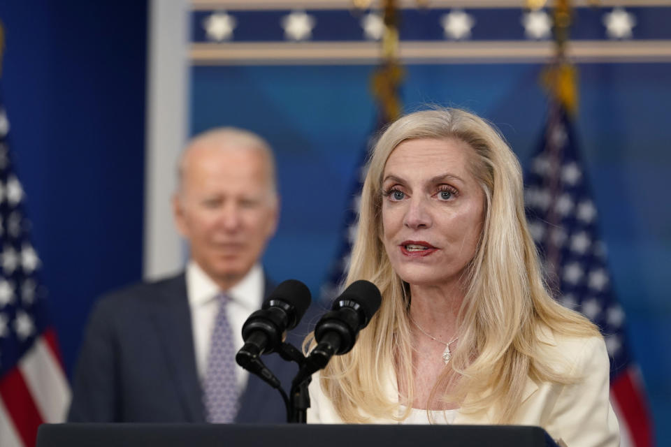 Lael Brainard, right, President Joe Biden's nominee to be Vice Chair of the Federal Reserve, speaks during an event in the South Court Auditorium on the White House complex in Washington, Monday, Nov. 22, 2021. Biden, left, also nominated Jerome Powell for a second four-year term as Federal Reserve chair. (AP Photo/Susan Walsh)