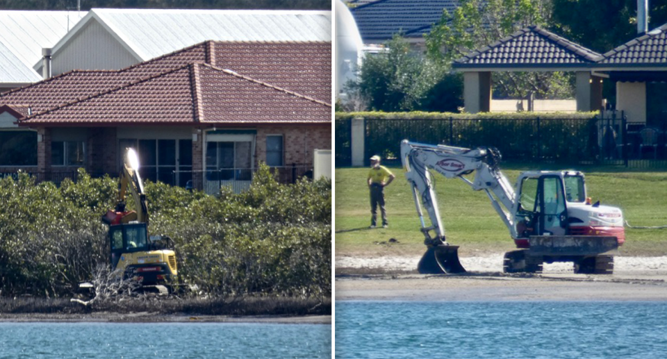 Mangroves being slashed by council in front of a waterfront home (left). A digger on the mangroves (right)