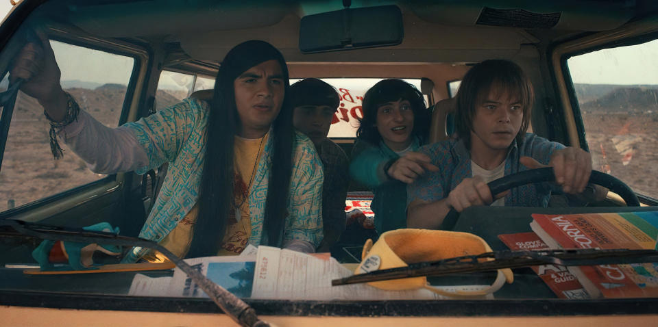 Eduardo Franco as Argyle, Noah Schnapp as Will Byers, Finn Wolfhard as Mike Wheeler, and Charlie Heaton as Jonathan Byers in 'Stranger Things'<span class="copyright">Courtesy of Netflix</span>