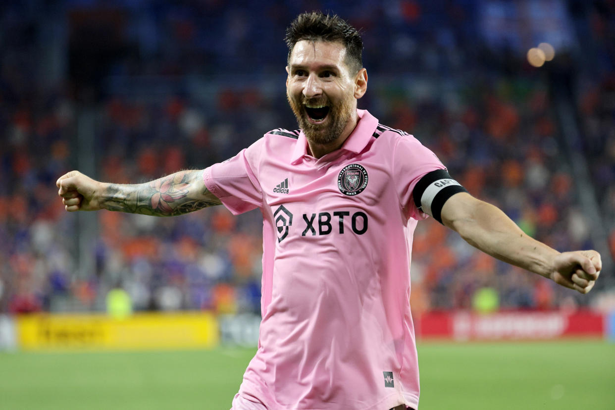 The honeymoon isn’t over yet for Lionel Messi and Inter Miami, who reached the U.S. Open Cup final with a stirring victory over FC Cincinnati. (Photo by Andy Lyons/Getty Images)