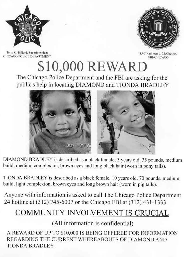 A missing person's poster for Diamond and Tionda Bradley