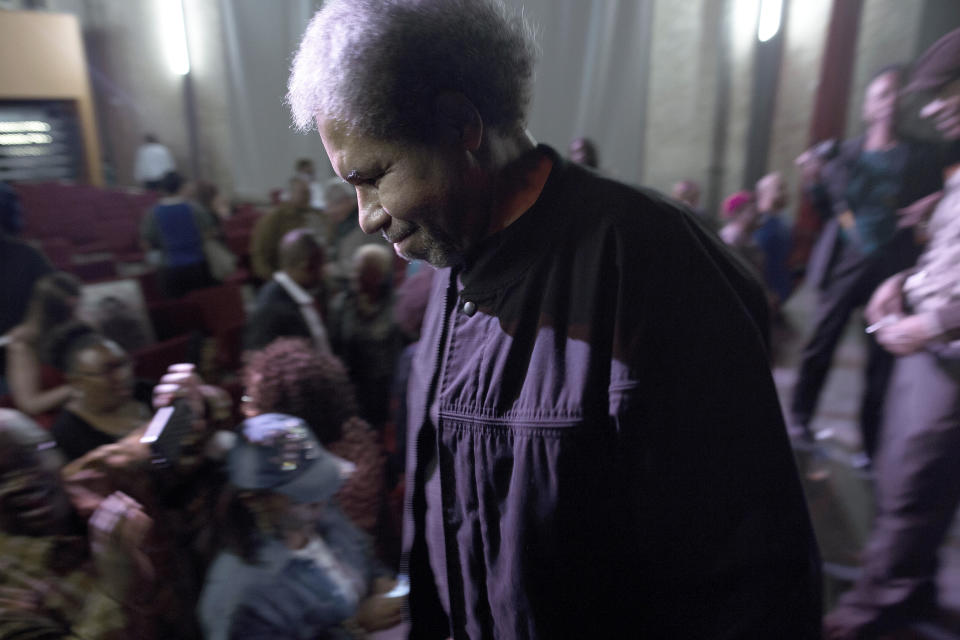 FILE - Albert Woodfox mixes with the audience at the Ashe Cultural Arts Center in New Orleans, Friday, Feb. 19, 2016. Earlier in the day, Woodfox, the last of three high-profile Louisiana prisoners known as the "Angola Three," was released from Louisiana State Penitentiary in Angola, La. Woodfox died Thursday, Aug. 4, 2022, of complications from COVID-19, according to a statement from his family. He was 75. (AP Photo/Max Becherer, File)