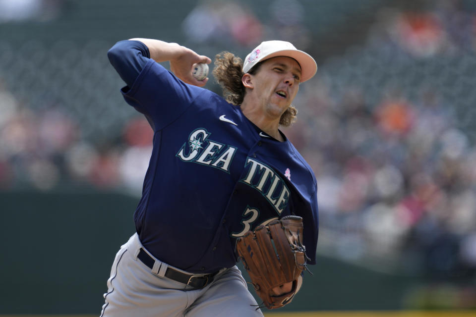 Seattle Mariners pitcher Logan Gilbert throws against the Detroit Tigers in the first inning of a baseball game, Sunday, May 14, 2023, in Detroit. (AP Photo/Paul Sancya)