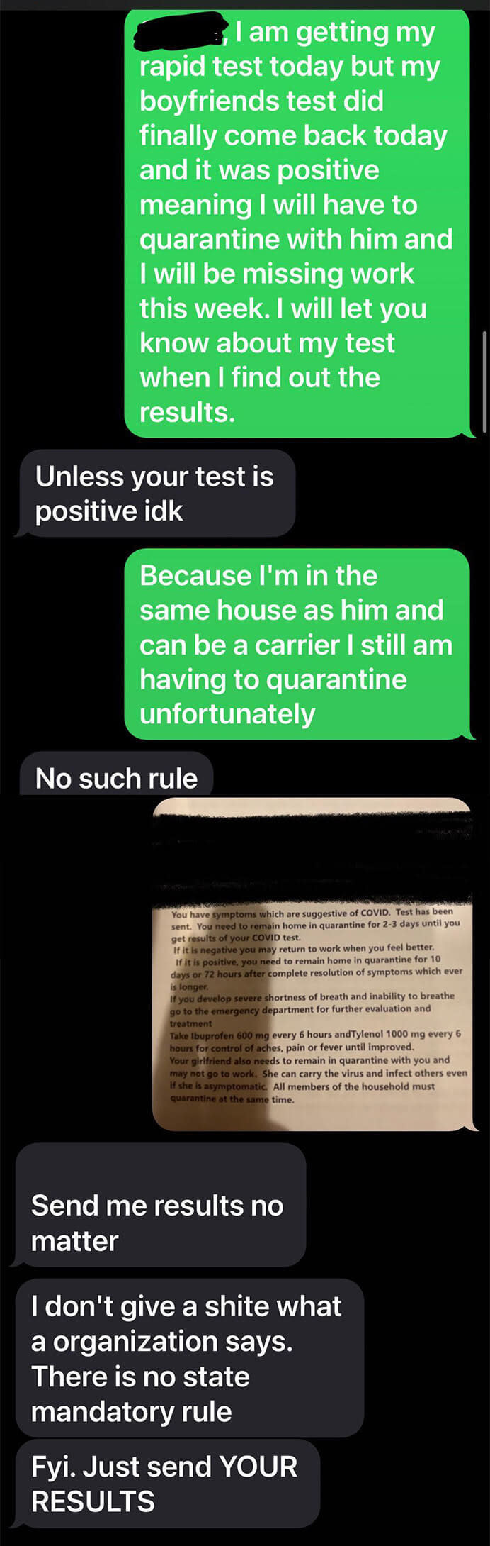 Texts between a boss and employee where the employee says they'll have to quarantine with their COVID-positive boyfriend and the employer asks them to come in anyway