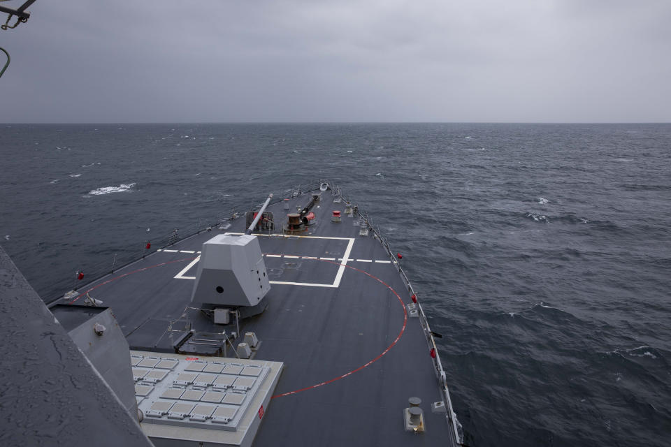 The Arleigh Burke-class guided-missile destroyer USS Ralph Johnson (DDG 114) conducts routine underway operations, in the Taiwan Strait, on Sept. 9, 2023. (Mass Communication Specialist 1st Class Jamaal Liddell/U.S. Navy via AP)