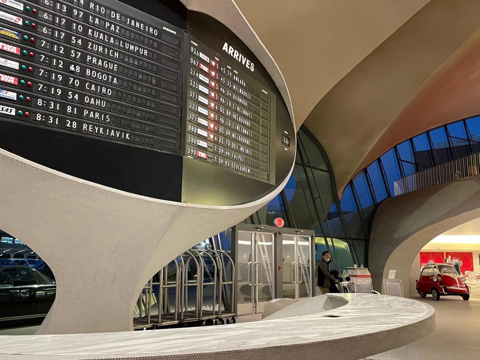 Departures and arrivals board at TWA Hotel