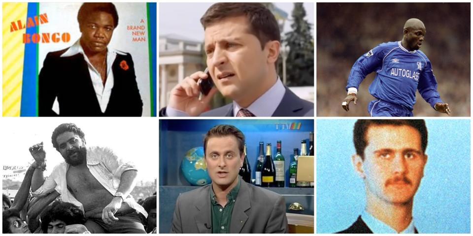 A collage, showing clockwise from top left: The cover of Alain Bongo's funk album "A Brand New Man”; Volodymyr Zelenskyy playing a fictional president in the TV show "Servant of the People"; George Weak playing soccer for Chelsea, Bashar al-Assad in 1994; Prime Minister-to-be Xavier Bettel hosting a cable TV show; and Luiz Inácio Lula da Silva as a metalworkers’ unionist.