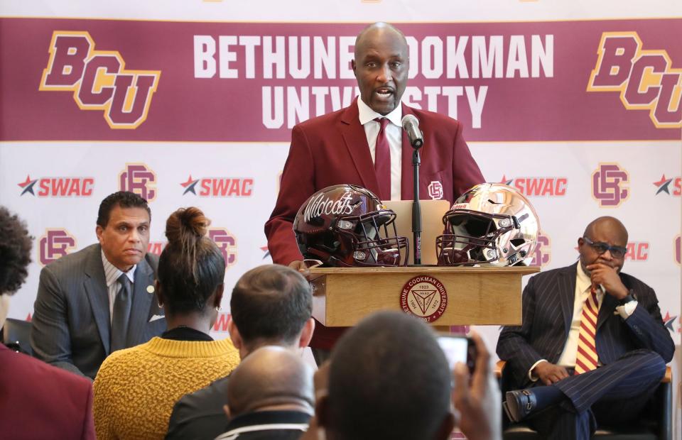 New Bethune-Cookman University head football coach Raymond Woodie speaks to the crowd, Wednesday, Feb. 8, 2023 during a press conference in the Larry R. Handfield Athletic Training Center.