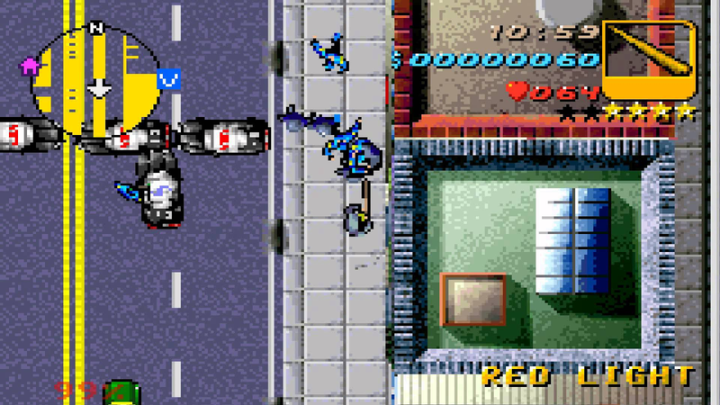 A top down screenshot shows cop chasing a player in GTA Advance. 