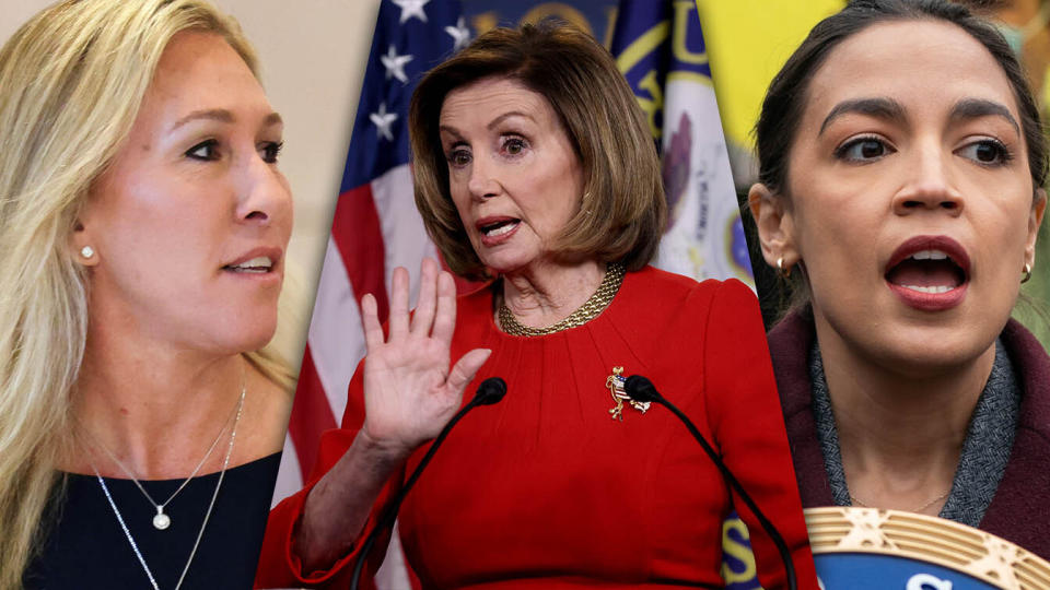 Rep. Marjorie Taylor Greene, House Speaker Nancy Pelosi and Rep. Alexandria Ocasio-Cortez. (Photo illustration: Yahoo News; photos: Evelyn Hockstein/Reuters (2), Jeenah Moon/Reutes)