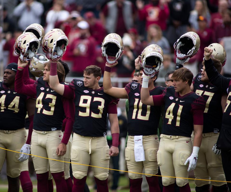 FSU football players prepare to face the Ragin' Cajuns at  Doak Campbell Stadium on Saturday, Nov. 19, 2022 in Tallahassee, Fla.