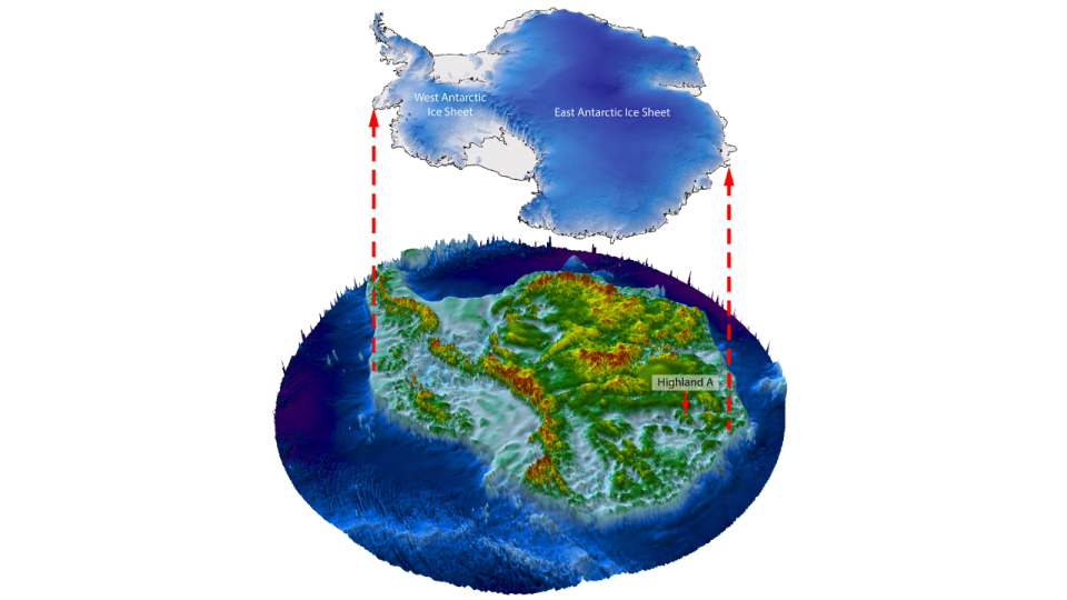 A drawing of Antarctica that shows the landscape beneath the ice sheet and the study location.