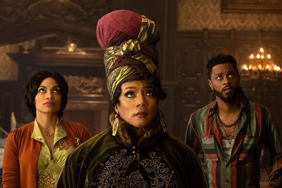 (L-R): Tiffany Haddish as Harriet, Rosario Dawson as Gabbie, LaKeith Stanfield as Ben, and Danny DeVito as Bruce in Disney's live-action HAUNTED MANSION. Photo by Jalen Marlowe. © 2023 Disney Enterprises, Inc. All Rights Reserved.