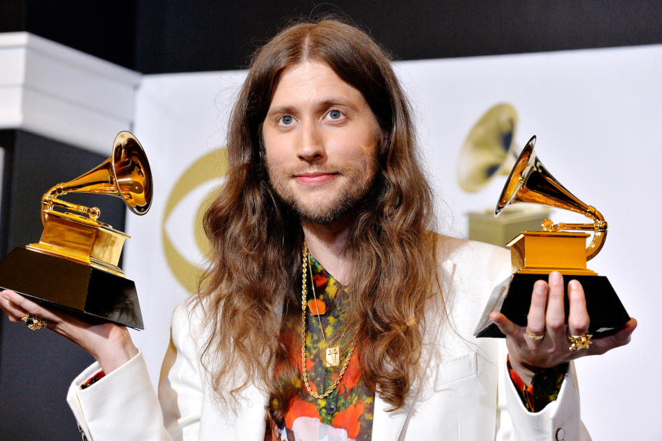 Ludwig Göransson holds up his two Grammys after winning Song of the Year and Best Score Soundtrack at the 61st Annual Grammy Awards on February 10, 2019, in Los Angeles, California.