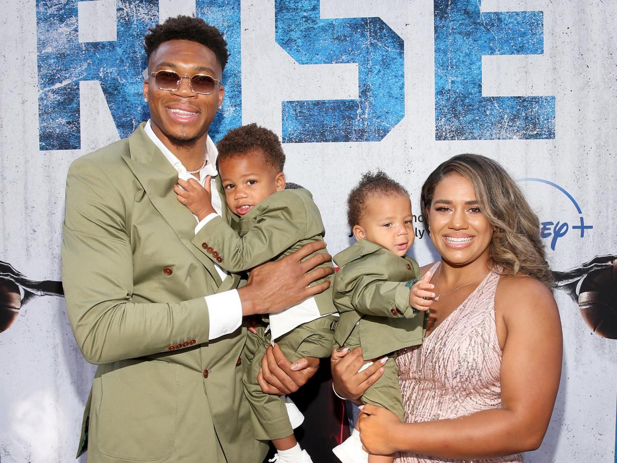 Giannis Antetokounmpo, Mariah Riddlesprigger, and family attend the world premiere of Rise at Walt Disney Studios in Burbank, California on June 22, 2022