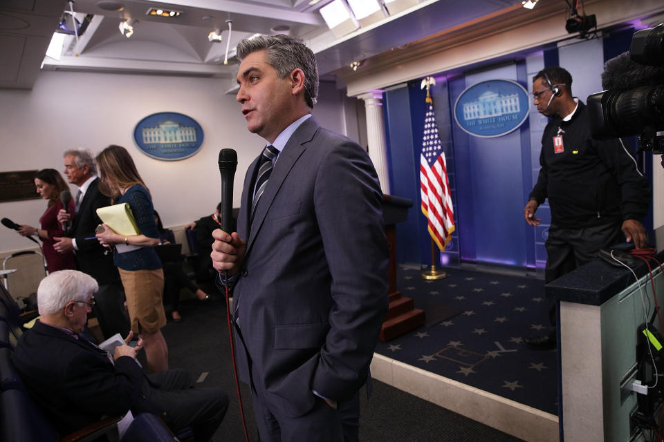 CNN senior White House correspondent Jim Acosta participates in a stand-up shot as he reports after the White House daily briefing on&nbsp;Feb.&nbsp;7. (Photo: Alex Wong via Getty Images)