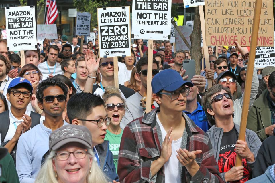 <span class="caption">Amazon and other tech employees staged a walkout during the Global Climate Strike in 2019, another example that many people prefer to work for companies that have a higher purpose.</span> <span class="attribution"><span class="source">Karen Ducey/Getty Images</span></span>