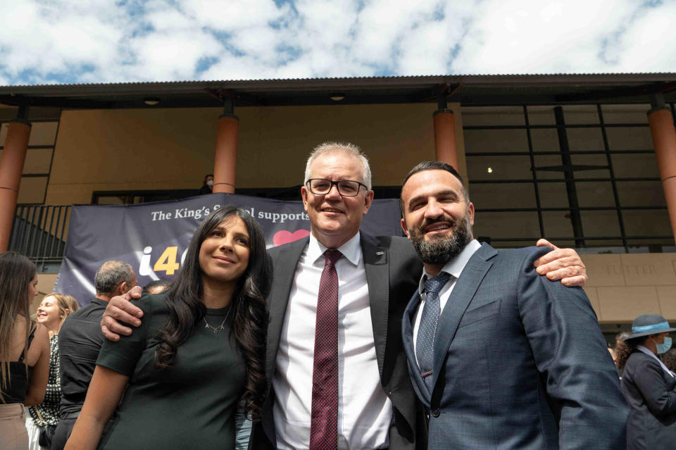 Australian Prime Minister Scott Morrison poses for a photo with Leila and Danny Abdallah on February 6, 2022. Source: AAP