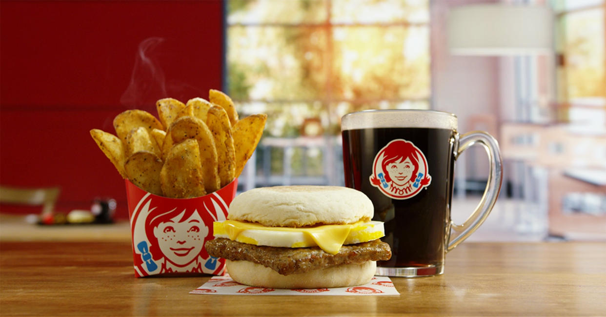Wendy’s English Muffin Sandwich with Sausage, Seasoned Potatoes and a drink. (Wendy’s)