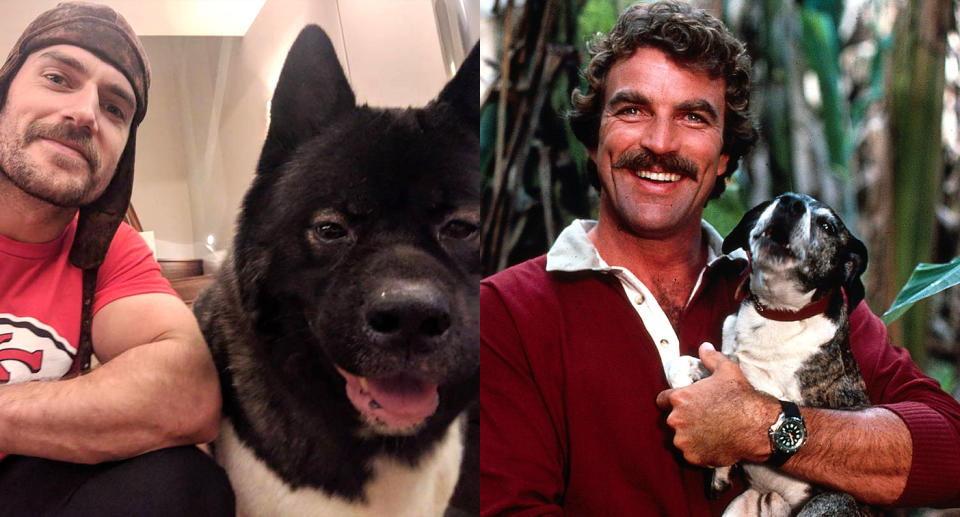 Hats off to Henry Cavill and Tom Selleck for their awesome mustaches and cute dogs. (Photo: Instagram/Getty Images)