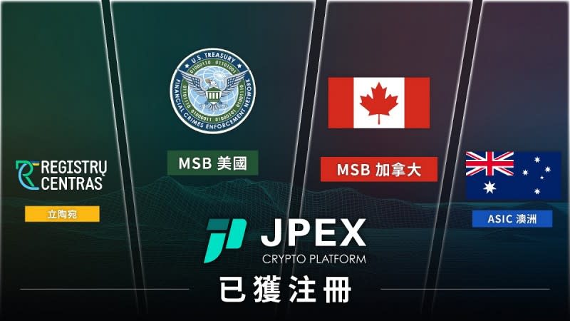 JPEX 已取得美國、加拿大、澳洲、立陶宛的加密貨幣平台相關牌照。（圖／ JPEX 提供）