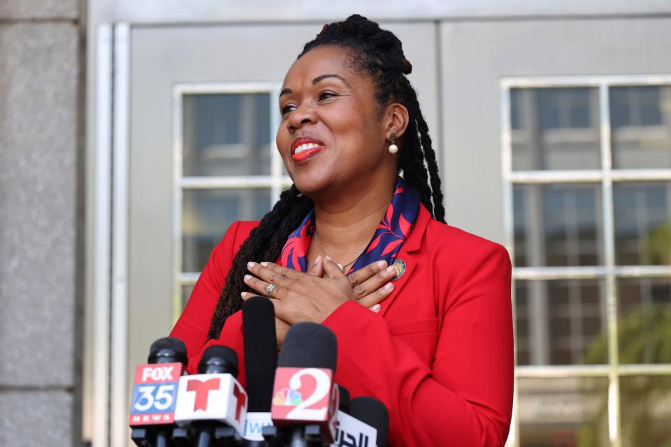 Attorney Monique Worrell of the 9th Judicial Circuit, which serves Orange and Osceola counties, speaks during a press conference, Wednesday, Aug. 9, 2023, outside her former office in the Orange County Courthouse complex in Orlando, Fla. Florida Gov. Ron DeSantis suspended Worrell on Wednesday, again wielding his executive power over local government in taking on a contentious issue in the 2024 presidential race. Worrell vowed to seek reelection next year and said her removal was political and not about her performance. (Ricardo Ramirez Buxeda/Orlando Sentinel via AP)