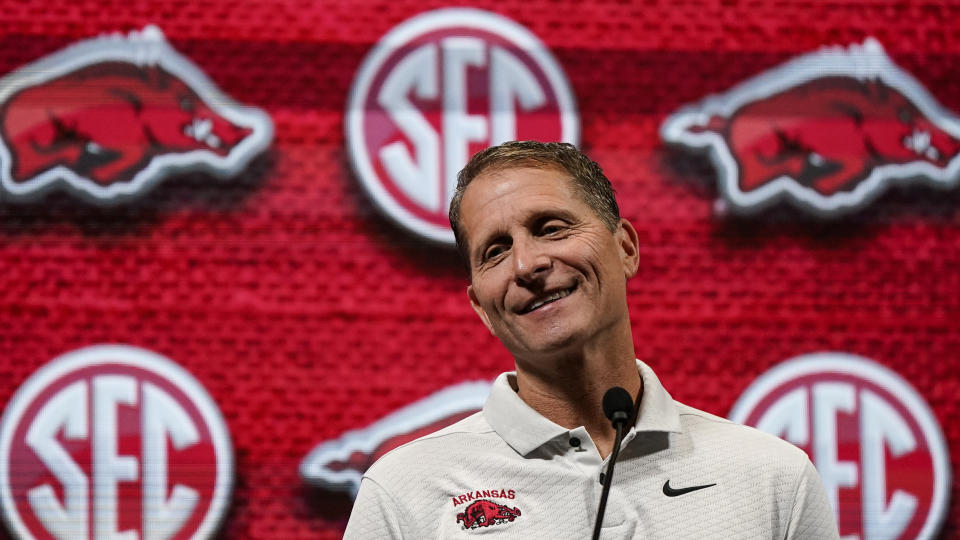 Arkansas NCAA college basketball head coach Eric Musselman speaks during Southeastern Conference Media Days, Wednesday, Oct. 18, 2023, in Birmingham, Ala. (AP Photo/Mike Stewart)