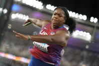 Laulauga Tausaga, of the United States, makes an attempt in the Women's discus throw final during the World Athletics Championships in Budapest, Hungary, Tuesday, Aug. 22, 2023. (AP Photo/Matthias Schrader)