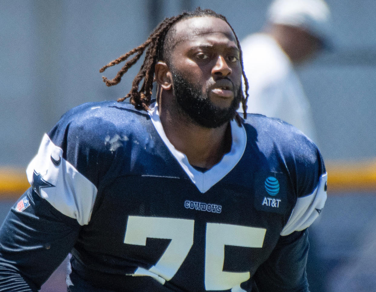 Dallas Cowboys defensive tackle Osa Odighizuwa in action at practice at the NFL football team's training camp in Oxnard, Calif., Wednesday, July 28, 2021. (AP Photo/Michael Owen Baker)