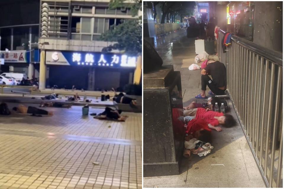 中國經濟慘況實錄！深圳車站前睡滿露宿「人礦」，震撼畫面曝光。（翻自X平台）
