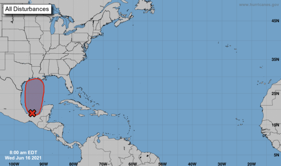 The disturbance in the Gulf of Mexico has a 70% chance of formation in the next 48 hours and a 90% chance of formation through the next five days, according to the National Hurricane Center.