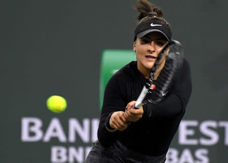 Mar 15, 2019; Indian Wells, CA, USA; Bianca Andreescu (CAN) as she defeats Elina Svitolina (not pictured) during her semifinal match in the BNP Paribas Open at the Indian Wells Tennis Garden. Mandatory Credit: Jayne Kamin-Oncea-USA TODAY Sports