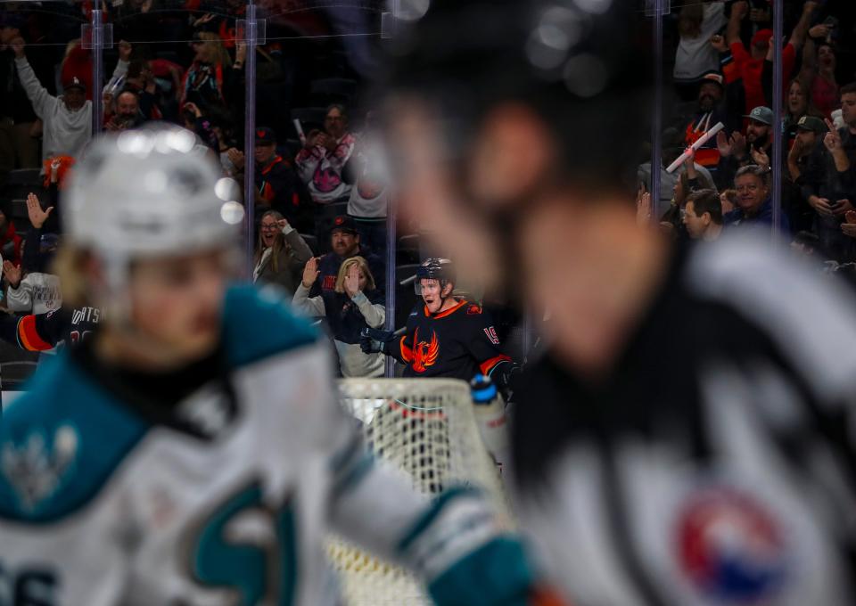 Coachella Valley forward Cameron Hughes (19) celebrates a goal during the third period of their game at Acrisure Arena in Palm Desert, Calif., Thursday, April 4, 2024.