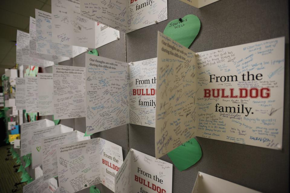 Cards and messages seen in the Lake Huron room, or "Reflection Room", located on the third floor of the MSU Union, seen Monday, April 3, 2023, where students, faculty, and visitors can view and contribute to the thousands of handwritten messages and cards of support from and to the Spartan community in wake of the Feb. 13 campus shooting that killed three students and injured five.