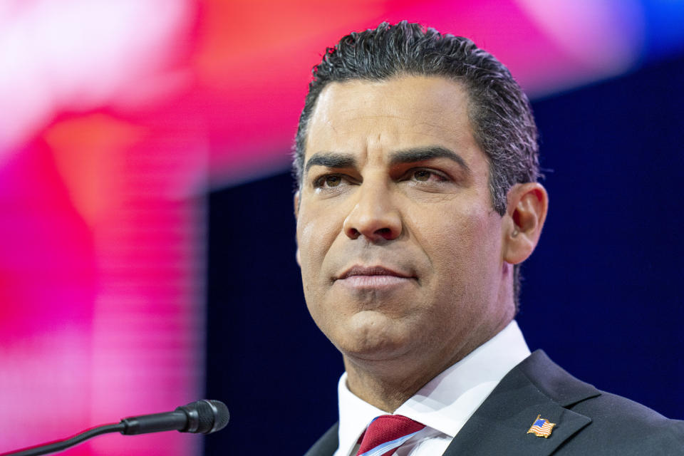 FILE - Republican presidential candidate Miami Mayor Francis Suarez speaks at the Conservative Political Action Conference, CPAC 2023, March 3, 2023, at National Harbor in Oxon Hill, Md. (AP Photo/Alex Brandon, File)