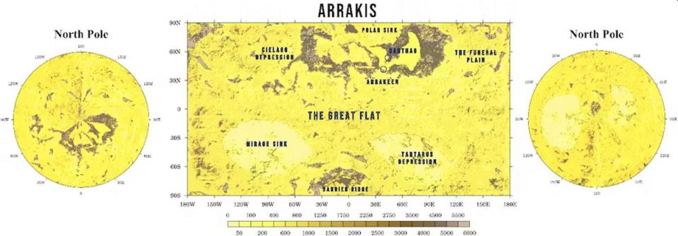 Mapa de altura (en metros) del planeta  Arrakis | Farnsworth et al