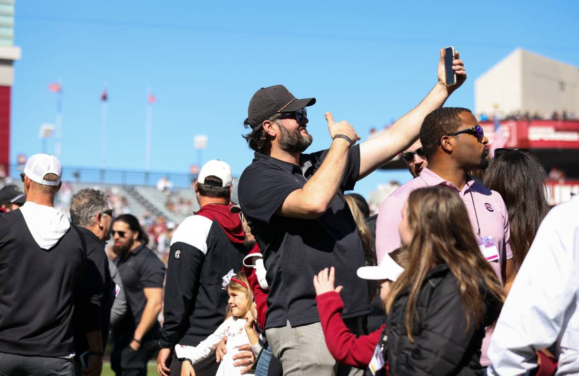 Former Gamecock players are recognized during halftime of the Gamecocks’ game at Williams-Brice Stadium in Columbia on Saturday, November 4, 2023.