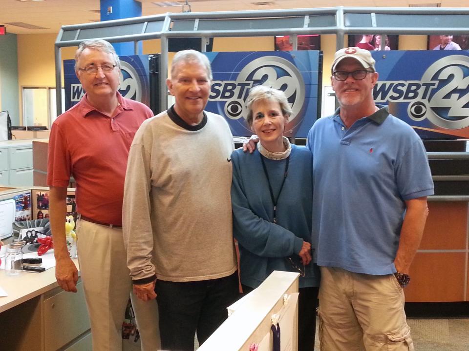 Stephan Foust, right, poses with the former WSBT colleagues recently at the station: from left, Wayne Doolittle, Bob Lux and Mary Simko.