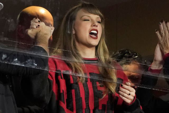 <p>Jon Robichaud/UPI/Shutterstock</p> Taylor Swift reacts to a Chiefs touchdown in the 3rd quarter against the Buffalo Bills at Arrowhead Stadium in Kansas City, Missouri on Dec. 10, 2023