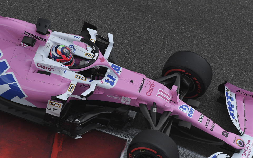 Racing Point driver Sergio Perez of Mexico steers his car during the qualifying session for the upcoming Russian Formula One Grand Prix, at the Sochi Autodrom circuit, in Sochi, Russia, Saturday, Sept. 26, 2020. The Russian Formula One Grand Prix will take place on Sunday. (Kirill Kudryavtsev, Pool via AP)