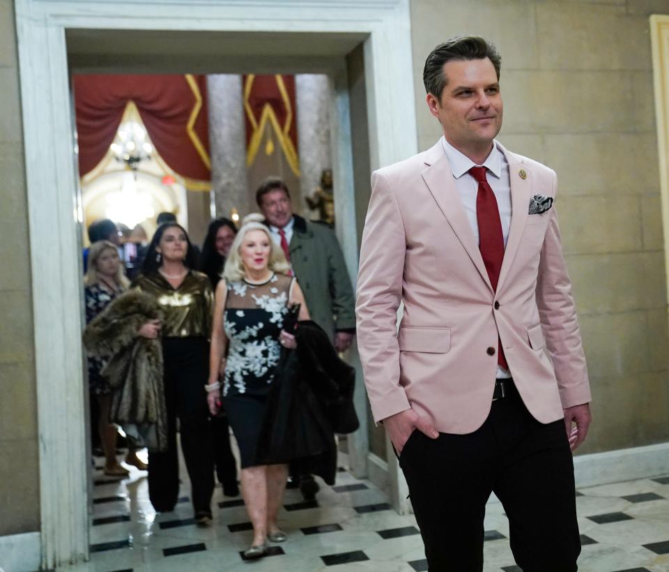 Rep. Matt Gaetz (R-FL) leading guests past the Speaker of the House office and into Statuary Hall and the Capitol Rotunda on Tuesday, Feb 13, 2024 prior to the House Republicans narrowly securing a historic vote to impeach Homeland Security Secretary Alejandro Mayorkas, rallying GOP members after a first failed effort.