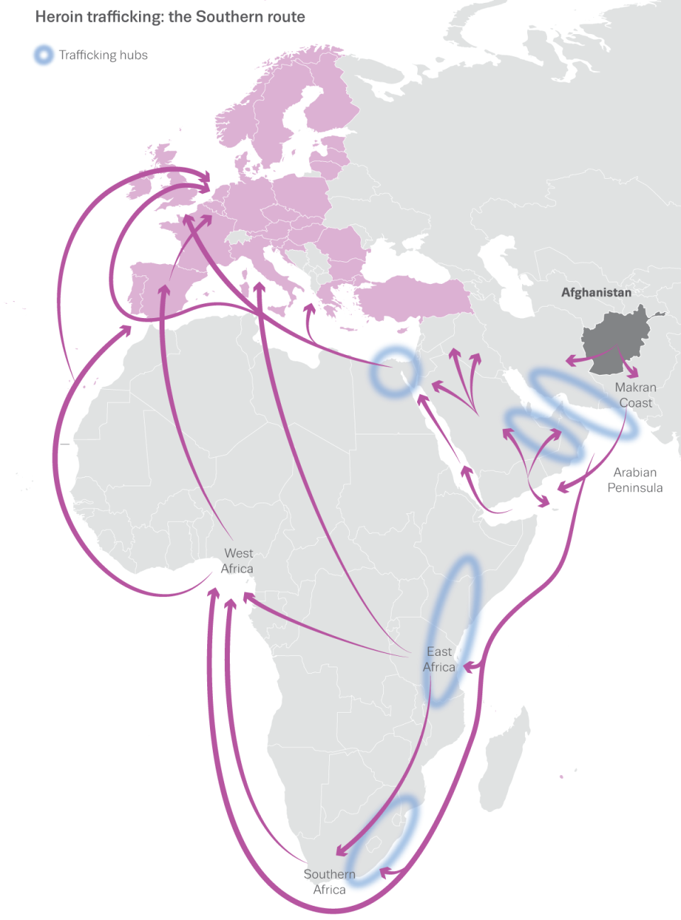 A graphic showing the routes taken to traffick heroin. (EMCDDA) and Europol/PA)