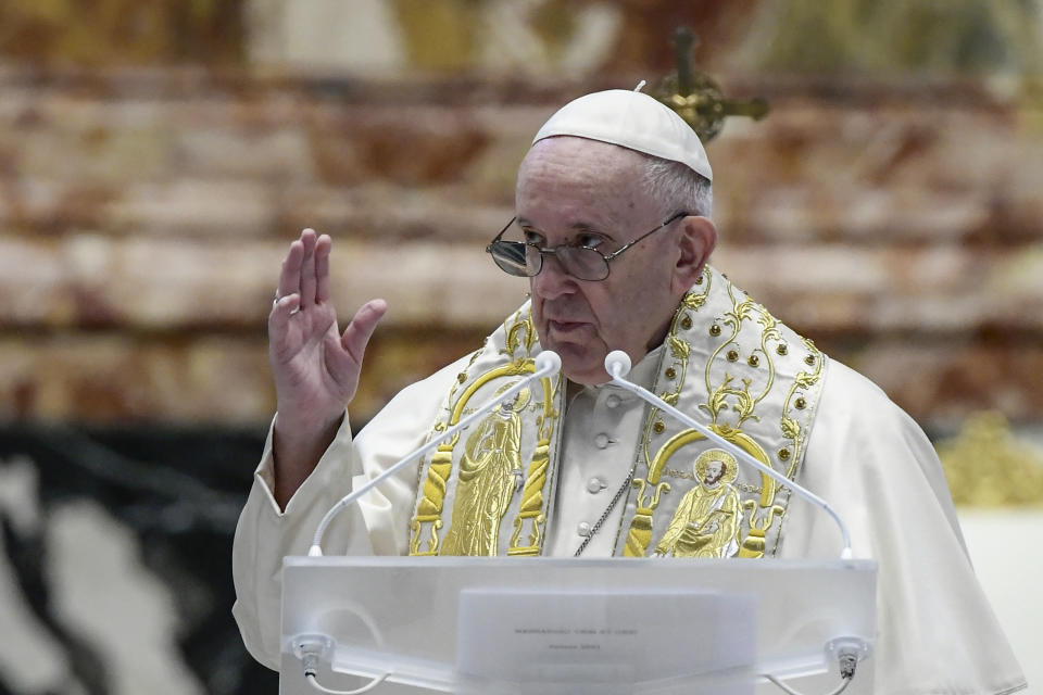 Pope Francis delivers his Urbi et Orbi blessing after celebrating Easter Mass at St. Peter's Basilica at The Vatican Sunday, April 4, 2021, during the Covid-19 coronavirus pandemic. (Filippo Monteforte/Pool photo via AP)