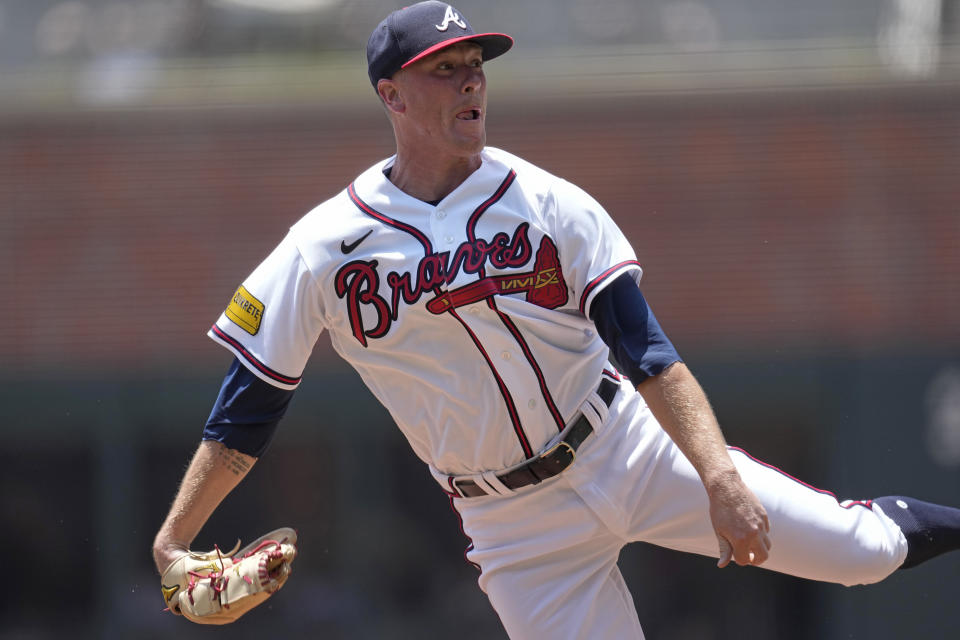 Atlanta Braves pitcher Kolby Allard (49) works against the Chicago White Sox in the first inning of a baseball game Sunday, July 16, 2023, in Atlanta. (AP Photo/John Bazemore)