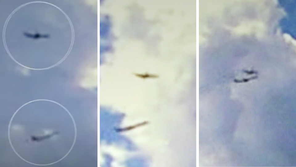 Screenshots from the North Syracuse Police Department dash camera video that appeared to show two planes headed toward collision over Syracuse Hancock International Airport on Monday, July 8, 2024. / Credit: North Syracuse Police Department via CBS Mornings