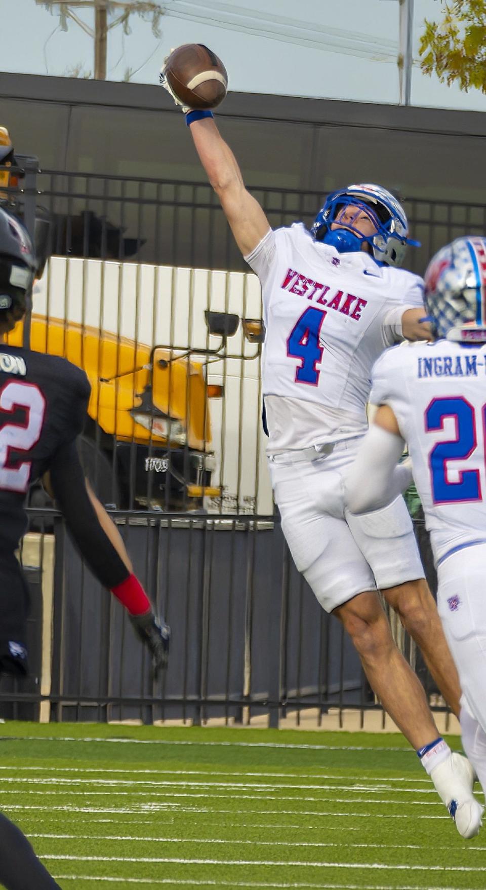 Westlake cornerback Judson Crockett, breaking up a pass against Lake Travis in a playoff game, plans to study business at TCU. His track season was cut short this spring after he broke his collarbone while snowboarding in Colorado.