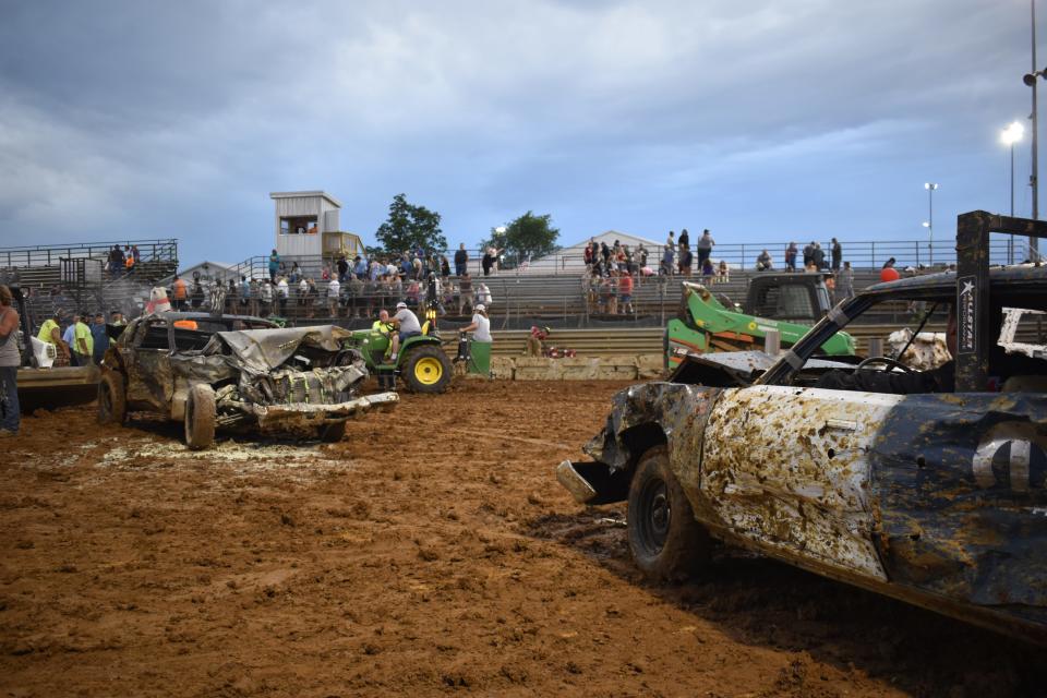 Aaron and Matt Crane's cars at the conclusion of the 2022 Monroe County Fair Demolition Derby.