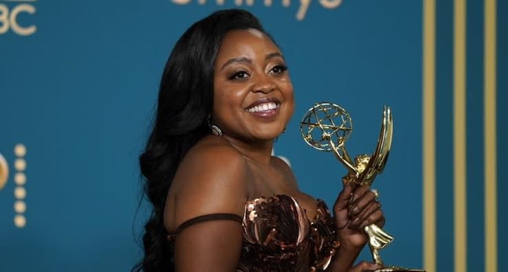 Quinta Brunson, winner of the Emmy for outstanding writing for a comedy series for “Abbott Elementary,” poses in the press room at the 74th Primetime Emmy Awards on Monday at the Microsoft Theater in Los Angeles. (Photo: Jae C. Hong/AP)